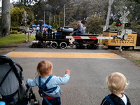 Waving to the train as it goes past.