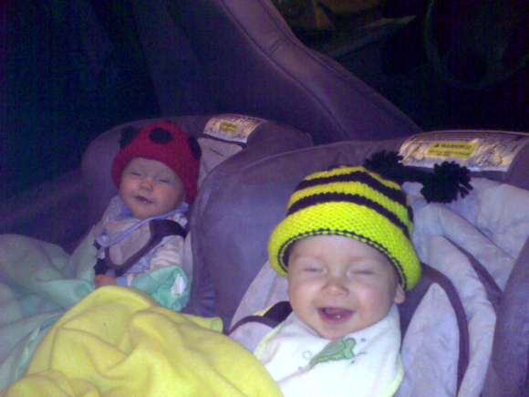 Happy car ride in bug hats!