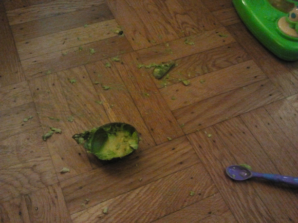 We accidentally left F alone for a few minutes with half an avocado several feet away.  This is what we came back to.