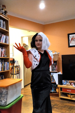 F in her Cruella costume