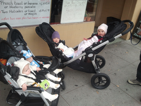 A pair of twins!  We met the others randomly on West Portal, in their space stroller.  Both girls, and similar age too.