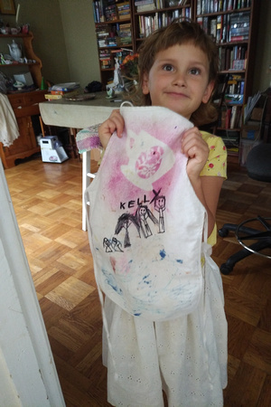 K with her custom apron.