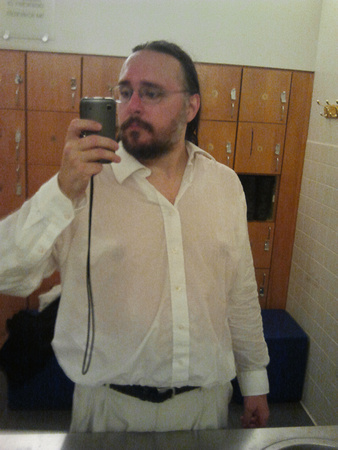 Me after the Gangnam Style flash mob dress rehearsal.  The shirt is normally opaque; that's sweat.