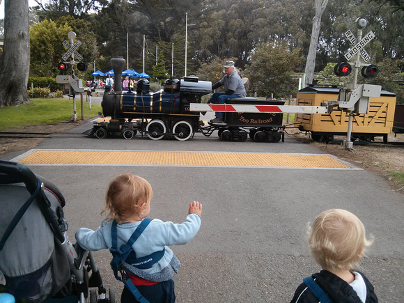 Waving to the train as it goes past.