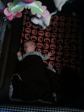 Baby sleeping in the crib!  So rare!