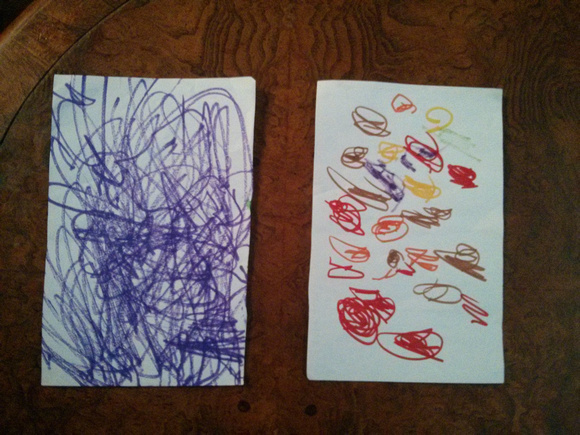 Pictures selected by RA's mom as exemplifying the differences in the two girls' personalities.  K did the one on the left and F did the one on the right.