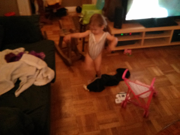 K is wearing mom's underwear.  I shit you not.