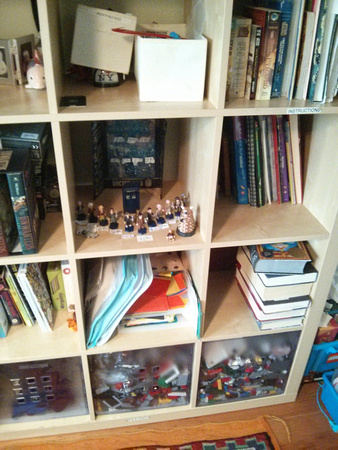 Bookshelf of a neighbourhood 11 year old boy.  That's models of all the doctors.  Labelled.